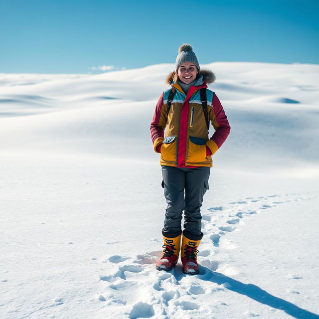 A portrait of a person standing in a snowy desert landscape