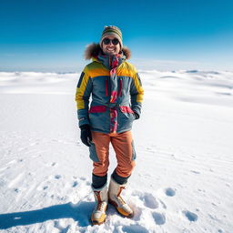 A portrait of a person standing in a snowy desert landscape