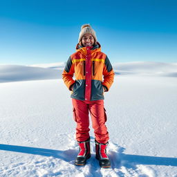 A portrait of a person standing in a snowy desert landscape