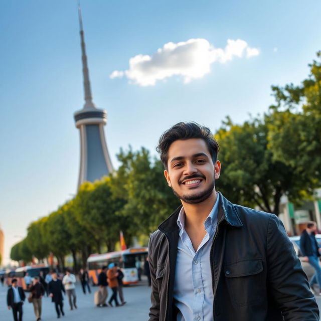 A man standing next to the Milad Tower in Tehran, wearing a stylish outfit, smiling confidently