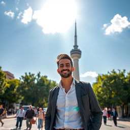 A man standing next to the Milad Tower in Tehran, wearing a stylish outfit, smiling confidently