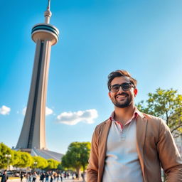 A man standing next to the Milad Tower in Tehran, wearing a stylish outfit, smiling confidently