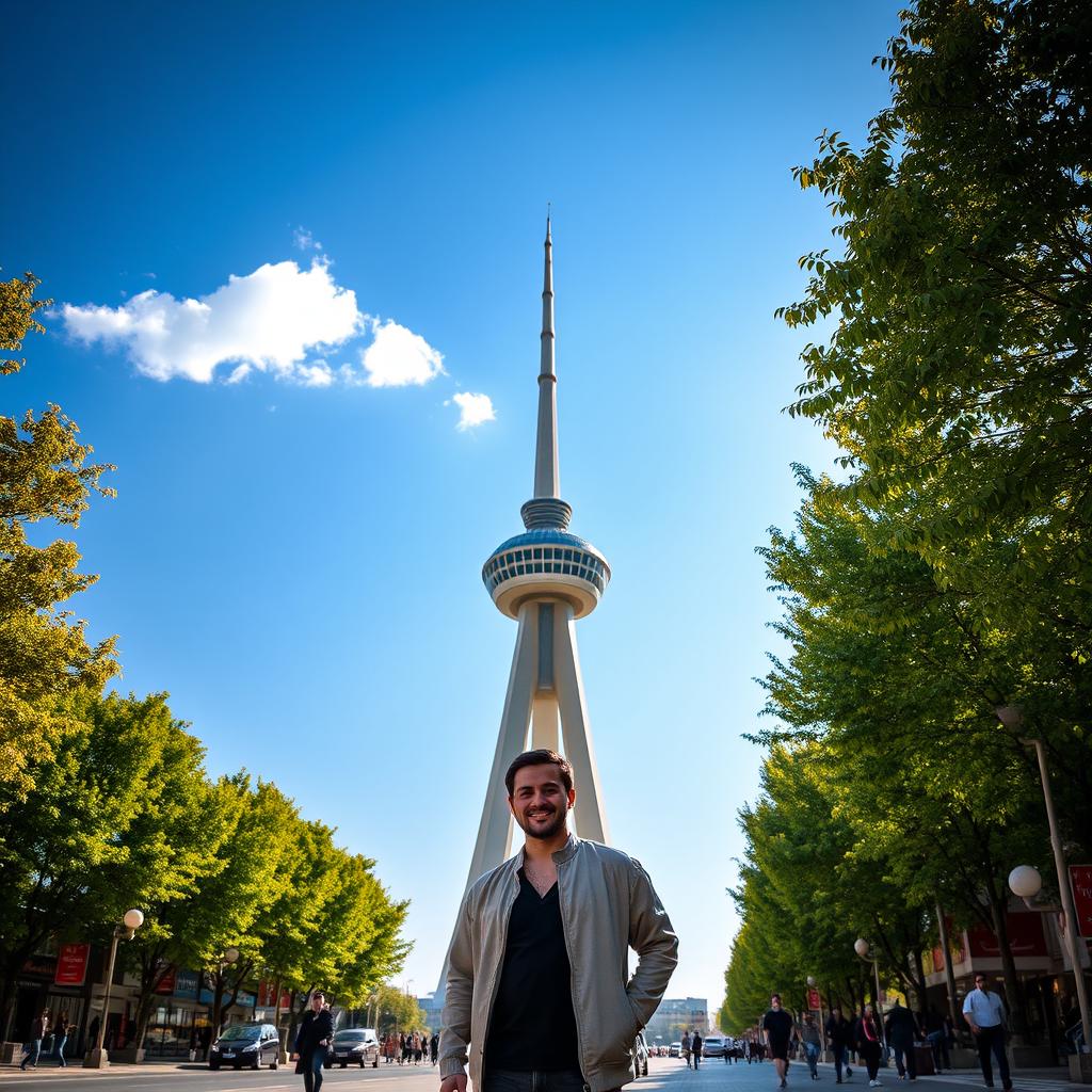 A man standing next to the Milad Tower in Tehran, wearing a stylish outfit, smiling confidently