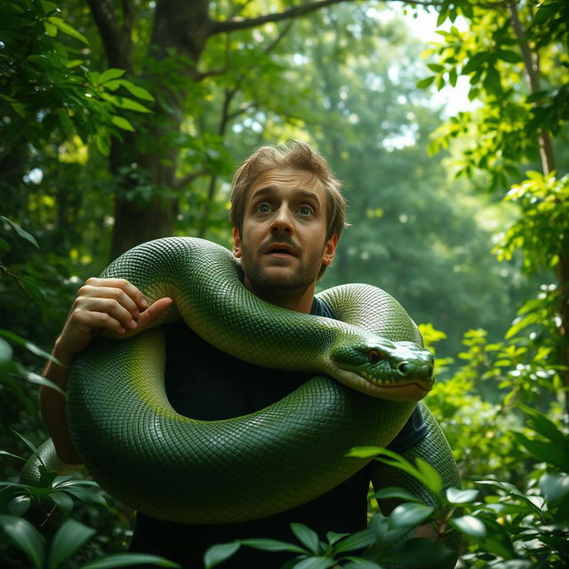 A man caught by a giant snake in a lush green forest