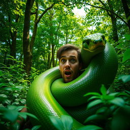 A man caught by a giant snake in a lush green forest
