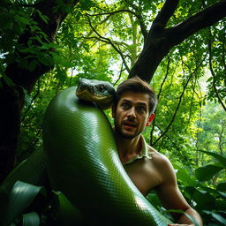 A man caught by a giant snake in a lush green forest