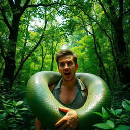 A man caught by a giant snake in a lush green forest