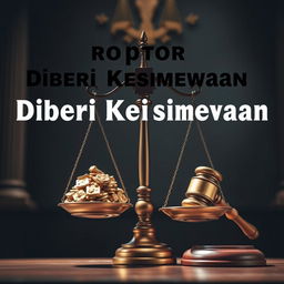 A thought-provoking image of a scale (timbangan) balancing on one side a pile of money or gold, representing corruption, and on the other side a gavel, symbolizing justice