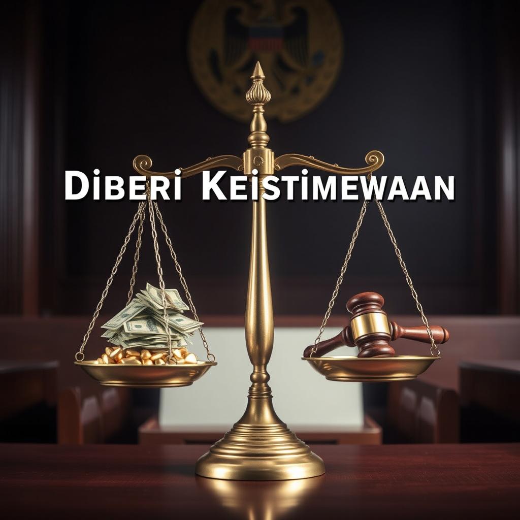 A thought-provoking image of a scale (timbangan) balancing on one side a pile of money or gold, representing corruption, and on the other side a gavel, symbolizing justice