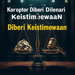 A thought-provoking image of a scale (timbangan) balancing on one side a pile of money or gold, representing corruption, and on the other side a gavel, symbolizing justice