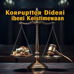 A thought-provoking image of a scale (timbangan) balancing on one side a pile of money or gold, representing corruption, and on the other side a gavel, symbolizing justice