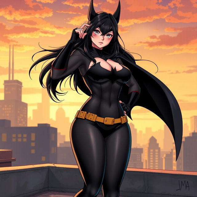 An anime style illustration of Batgirl from DC Comics, depicted as a confident and sexy character