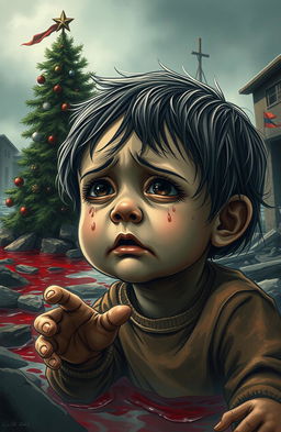 A poignant and impactful scene illustrating a child crying in a war-torn setting that reflects the serious consequences of conflict
