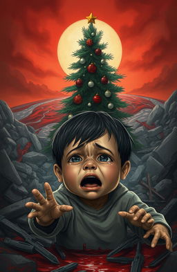 A poignant and impactful scene illustrating a child crying in a war-torn setting that reflects the serious consequences of conflict