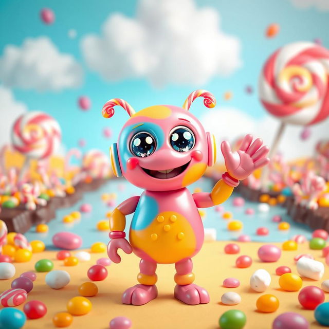 A whimsical and colorful candy-themed AI character, designed with vibrant hues of pink, blue, and yellow