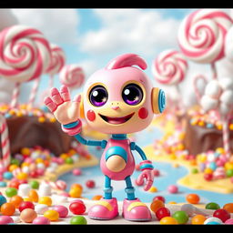 A whimsical and colorful candy-themed AI character, designed with vibrant hues of pink, blue, and yellow