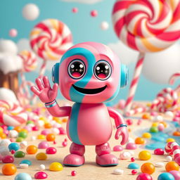 A whimsical and colorful candy-themed AI character, designed with vibrant hues of pink, blue, and yellow