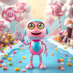 A whimsical and colorful candy-themed AI character, designed with vibrant hues of pink, blue, and yellow