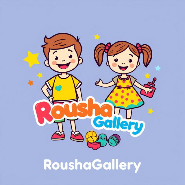 A playful and colorful logo design for a children's clothing store named 'RoushaGallery'