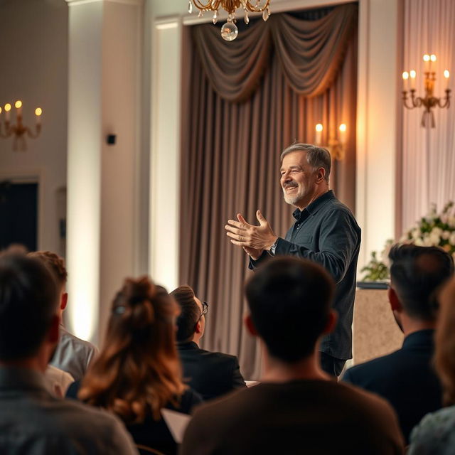 A person standing on a stage delivering a heartfelt speech, with an attentive audience in front of them