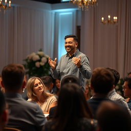 A person standing on a stage delivering a heartfelt speech, with an attentive audience in front of them