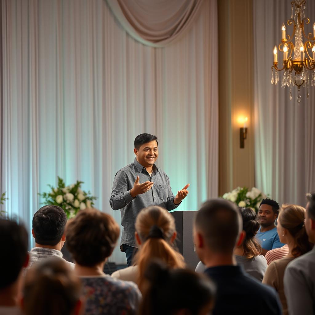 A person standing on a stage delivering a heartfelt speech, with an attentive audience in front of them