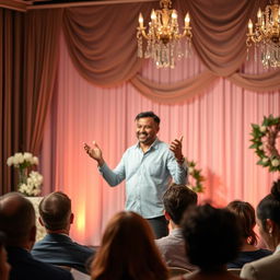A person standing on a stage delivering a heartfelt speech, with an attentive audience in front of them