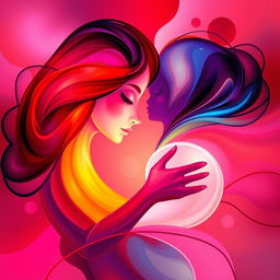 A vibrant and colorful abstract representation of love and intimacy, featuring intertwined shapes and glowing colors to symbolize connection and passion