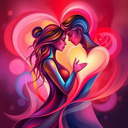 A vibrant and colorful abstract representation of love and intimacy, featuring intertwined shapes and glowing colors to symbolize connection and passion