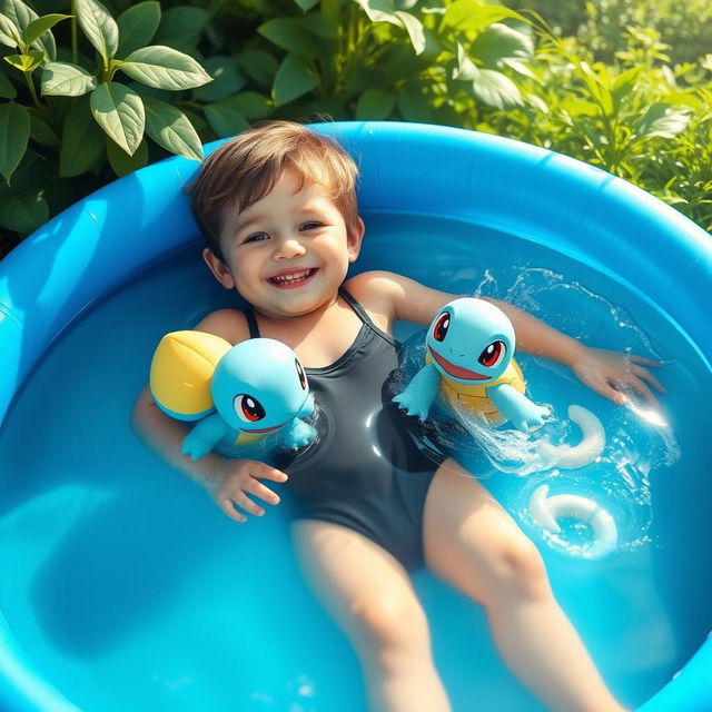 A whimsical scene featuring a young child relaxing in a blue inflatable pool, surrounded by lush greenery