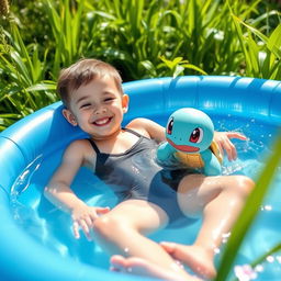 A whimsical scene featuring a young child relaxing in a blue inflatable pool, surrounded by lush greenery