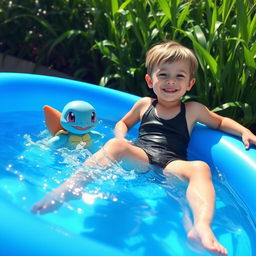 A whimsical scene featuring a young child relaxing in a blue inflatable pool, surrounded by lush greenery