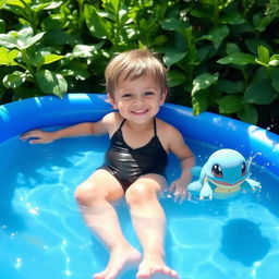 A whimsical scene featuring a young child relaxing in a blue inflatable pool, surrounded by lush greenery
