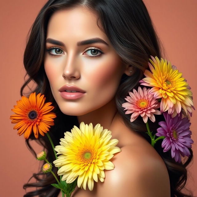 A beautiful woman with dark, wavy hair surrounded by a few colorful flowers, against a solid background