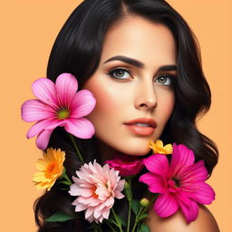 A beautiful woman with dark, wavy hair surrounded by a few colorful flowers, against a solid background