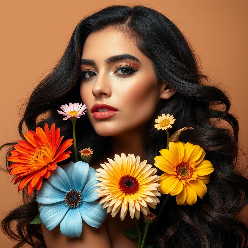 A beautiful woman with dark, wavy hair surrounded by a few colorful flowers, against a solid background