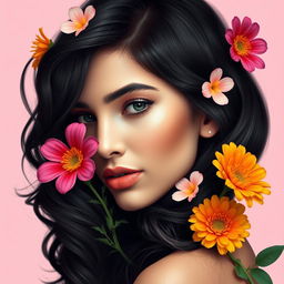 A beautiful woman with dark, wavy hair surrounded by a few colorful flowers, against a solid background