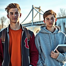 A scene featuring two high school boys with straight faces, embodying their distinct personalities