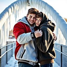 A heartfelt scene featuring two high school boys in an embrace, showcasing their contrasting personalities