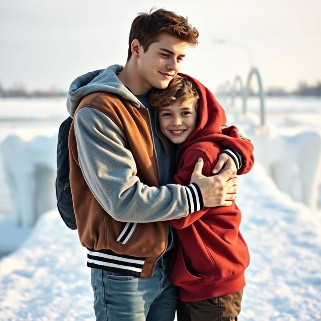 A warm and inviting scene featuring two high school boys in an embrace, showcasing their contrasting personalities