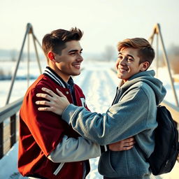 A warm and inviting scene featuring two high school boys in an embrace, showcasing their contrasting personalities