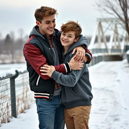 A warm and inviting scene featuring two high school boys in an embrace, showcasing their contrasting personalities