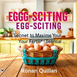 A vibrant and sunny kitchen scene, showcasing a rustic wooden table with a basket full of fresh eggs, symbolizing fertility