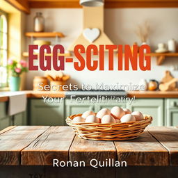 A vibrant and sunny kitchen scene, showcasing a rustic wooden table with a basket full of fresh eggs, symbolizing fertility