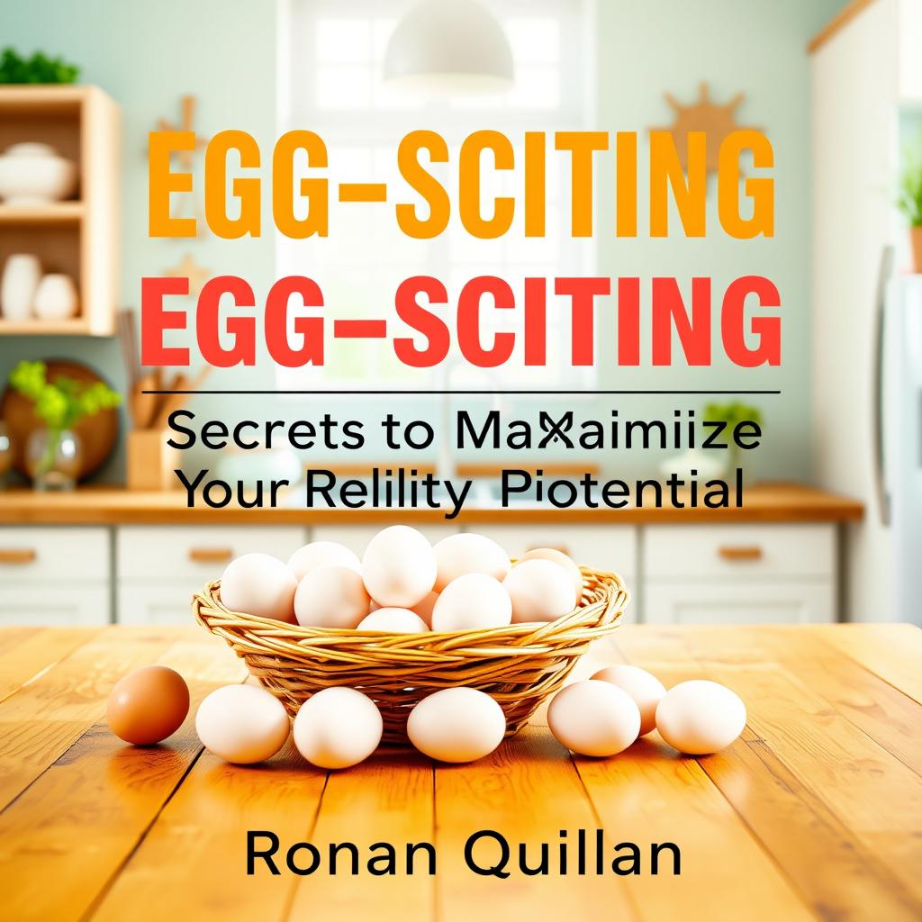 A vibrant and sunny kitchen scene, showcasing a rustic wooden table with a basket full of fresh eggs, symbolizing fertility