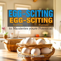 A realistic and vibrant kitchen scene filled with sunlight, featuring a basket of fresh eggs prominently displayed