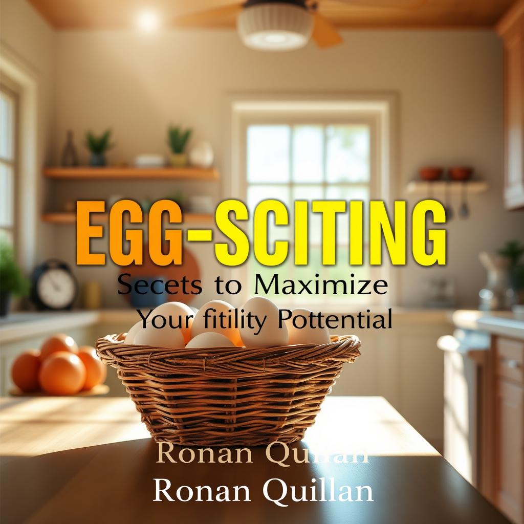 A realistic and vibrant kitchen scene filled with sunlight, featuring a basket of fresh eggs prominently displayed