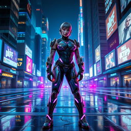 A futuristic cybernetic character standing confidently in a neon-lit urban environment