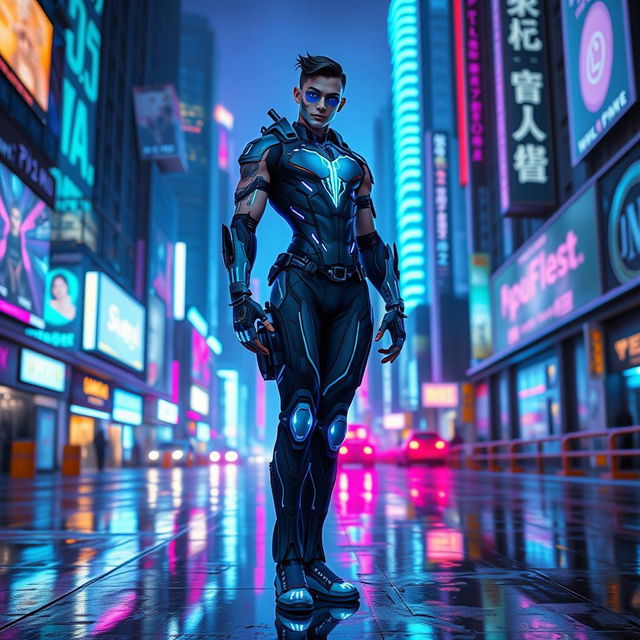 A futuristic cybernetic character standing confidently in a neon-lit urban environment