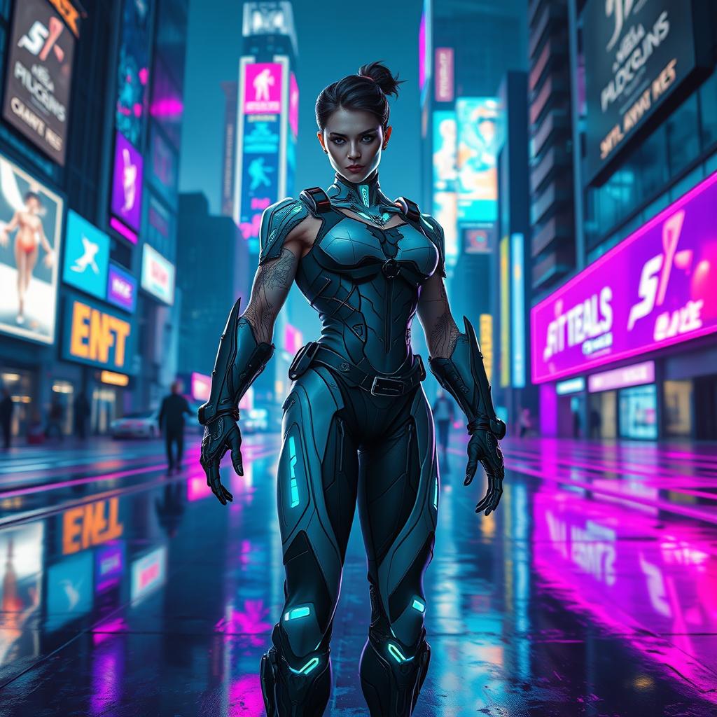 A futuristic cybernetic character standing confidently in a neon-lit urban environment